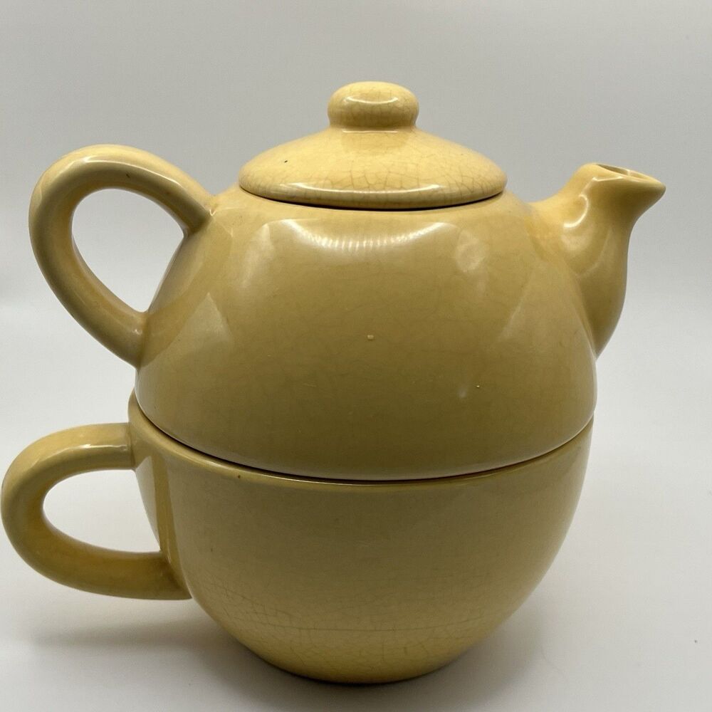 Pier One Y2K Vintage Mustard Yellow Stoneware Teapot & Mug Set Collectible